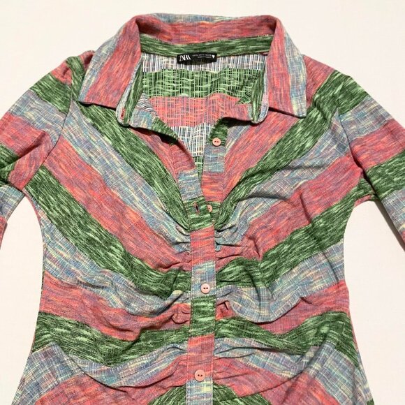 Zara Striped Green Pink Runched Knit Mini Dress Size Small - Picture 4 of 16